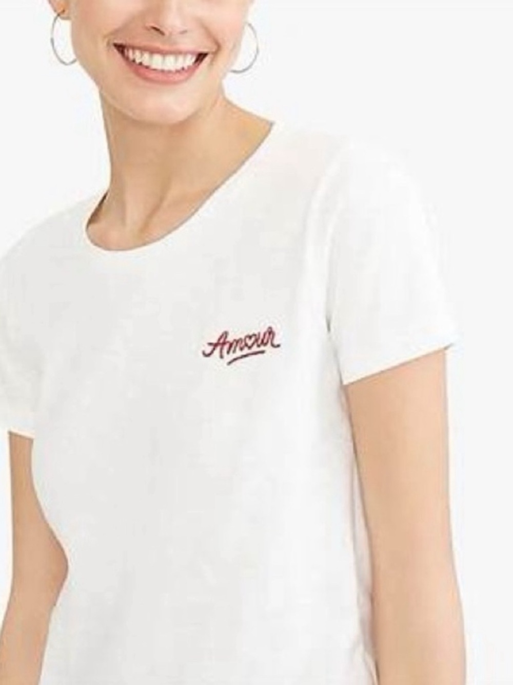 J Crew Collector’s Tshirt White 'Amour' Crewneck Tee with Red Embroidery small